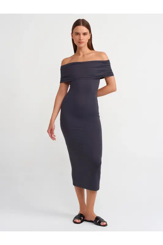 91109 Off-Shoulder Midi Dress-Anthracite-Anthracite - DILVIN