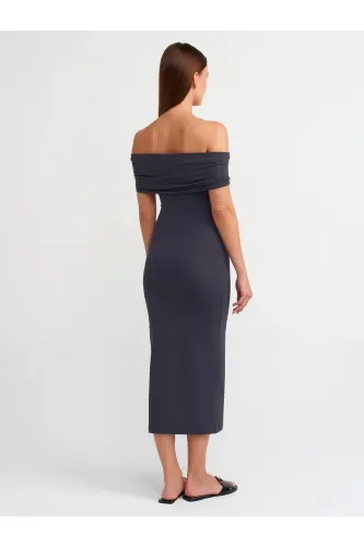 91109 Off-Shoulder Midi Dress-Anthracite-Anthracite - 2