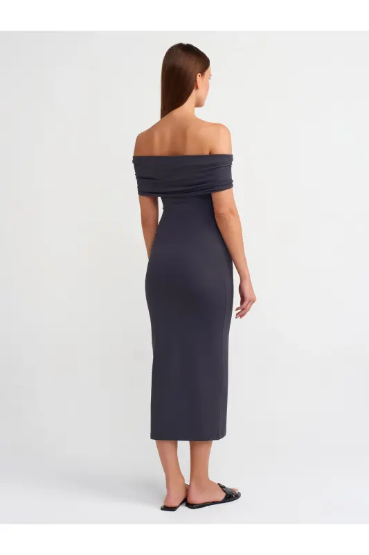 91109 Off-Shoulder Midi Dress-Anthracite-Anthracite - 2