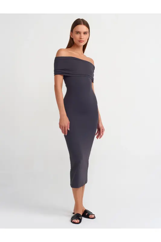91109 Off-Shoulder Midi Dress-Anthracite-Anthracite - 3