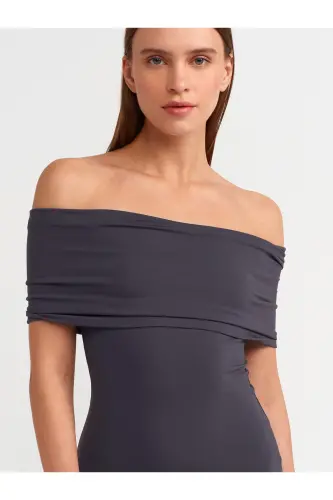 91109 Off-Shoulder Midi Dress-Anthracite-Anthracite - 4