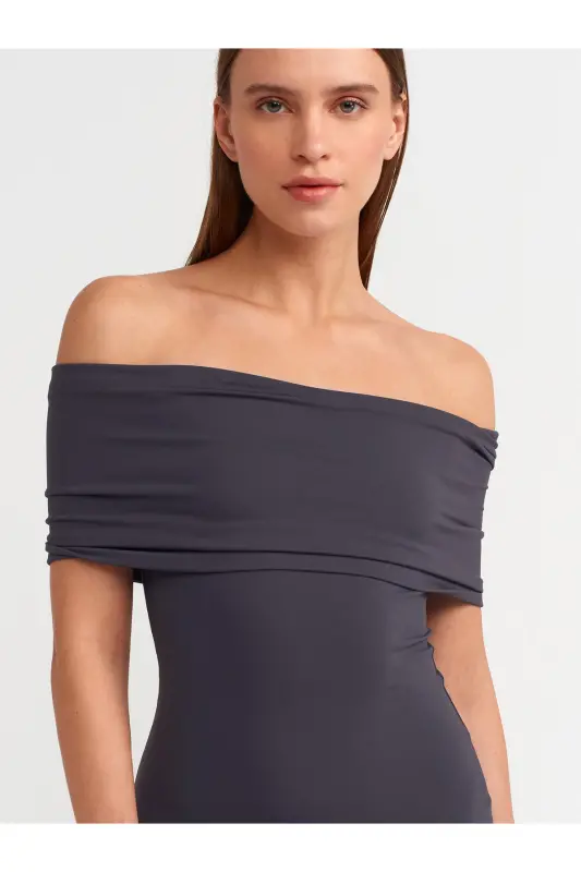 91109 Off-Shoulder Midi Dress-Anthracite-Anthracite - 4
