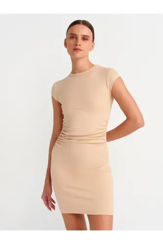 91114 Ruched Bodycon Mini Dress-Light Beige-Light Beige 