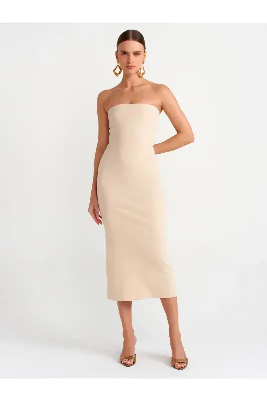 91127 Strapless Midi Dress-Beige Melange-Beige Melange - 1