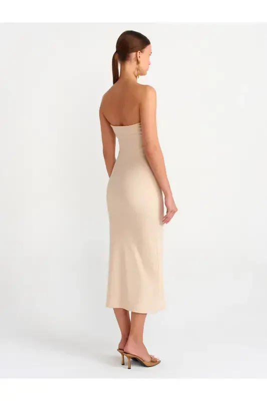 91127 Strapless Midi Dress-Beige Melange-Beige Melange - 2