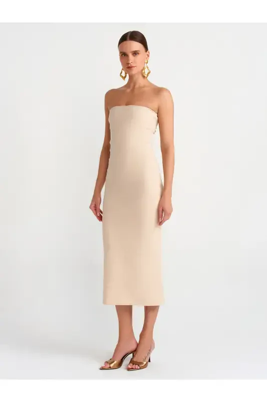 91127 Strapless Midi Dress-Beige Melange-Beige Melange - 3