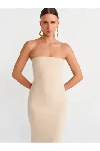 91127 Strapless Midi Dress-Beige Melange-Beige Melange - 4