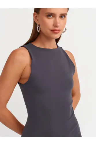 91128 Vücuda Oturan Mini Elbise-Antrasit-Antrasit - 4