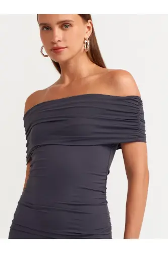 91153 Off-Shoulder Ruched Dress - Anthracite - Anthracite - 4