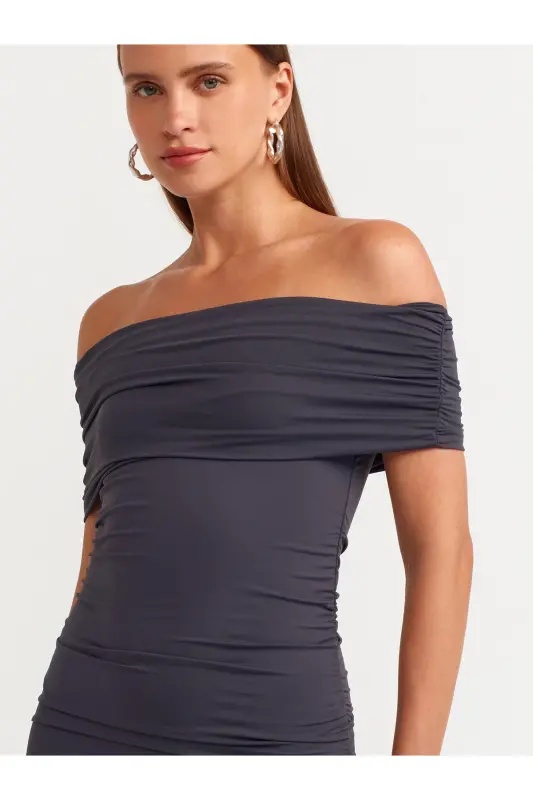 91153 Off-Shoulder Ruched Dress - Anthracite - Anthracite - 4