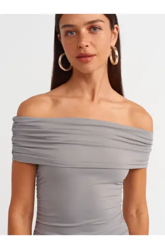91153 Off-Shoulder Ruched Dress-Gray-Gray - 4