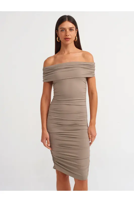 91153 Off-Shoulder Ruched Dress-Mink-Mink - DILVIN