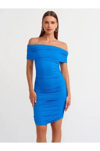 91153 Off-Shoulder Ruched Dress-Sax-Sax 