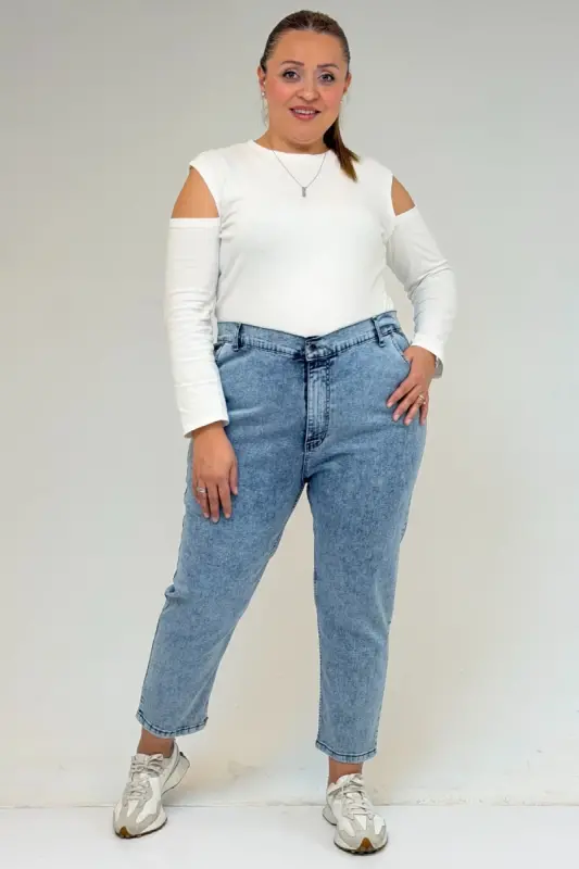 9125-6 Büyük Beden Boy Friend Kot Pantolon -Buz Mavi - 1