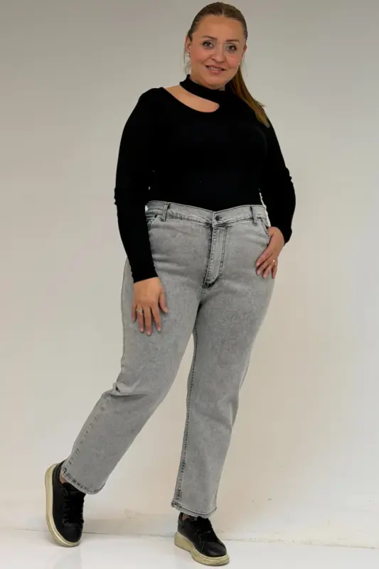 9125-6 Büyük Beden Boy Friend Kot Pantolon - Kar Yıkama Gri - 1