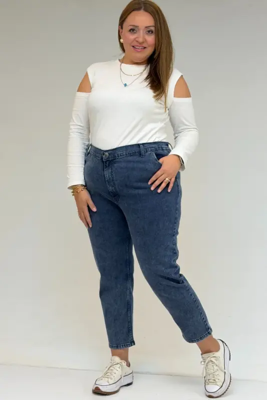 9125-6 Büyük Beden Boy Friend Kot Pantolon -Lacivert - BÜYÜKBEDENIZ