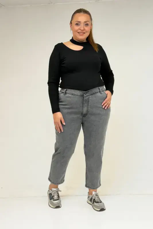 9125-6 Plus Size Boyfriend Jeans - Snow Wash Anthracite - BÜYÜKBEDENIZ
