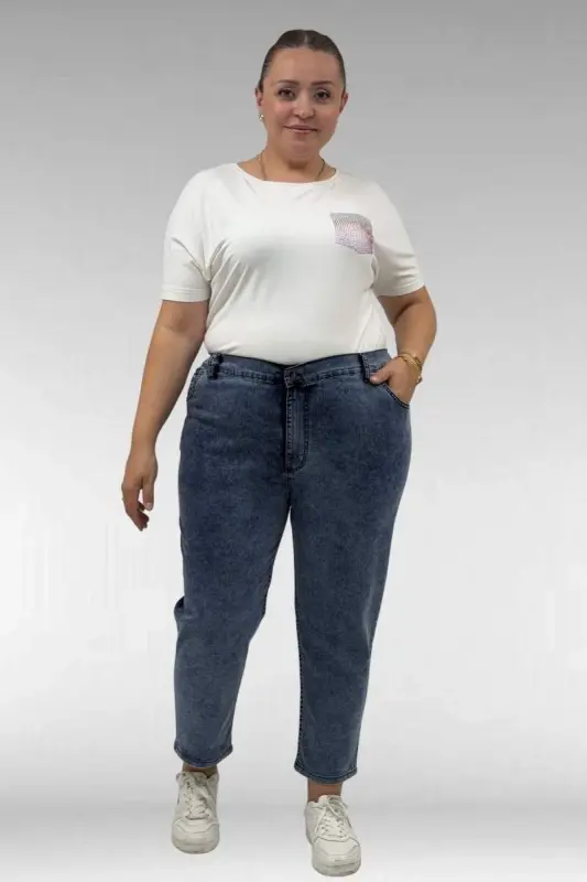9125-8 Büyük Beden Boy Friend Kot Pantolon - Kar Yıkama Lacivert - BÜYÜKBEDENIZ