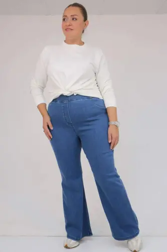 9137-18 Plus Size Elastic Waist Flare Leg Denim Pants - Blue - 1