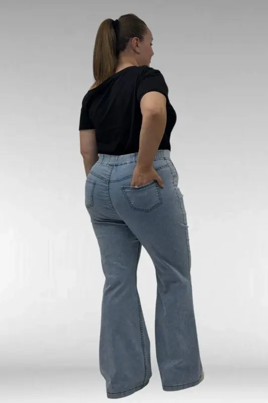 9137-22 Büyük Beden İspanyol Paça Kot Pantolon - Kar Yıkama Buz Mavi - 3