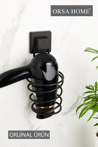 915 Square Strong Paste Adhesive Hair Dryer Machine Hanger, Matte Black Hair Dryer Holder - ORSA HOME (1)