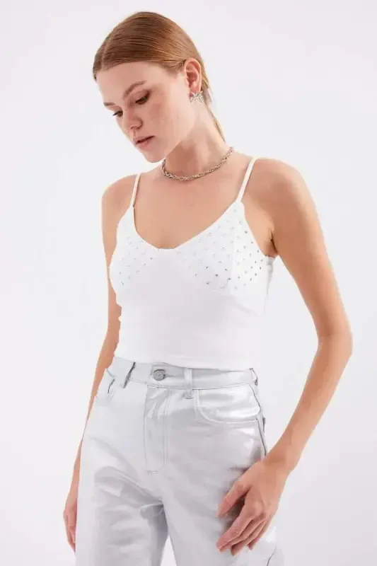 918 İp Askılı Crop Top - Beyaz - 1