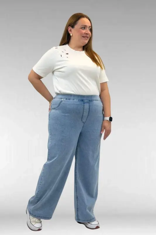 9182-10 Büyük Beden Bolpaça Beli Lastikli Kot Pantolon - Kar Yıkama Buz Mavi - 2