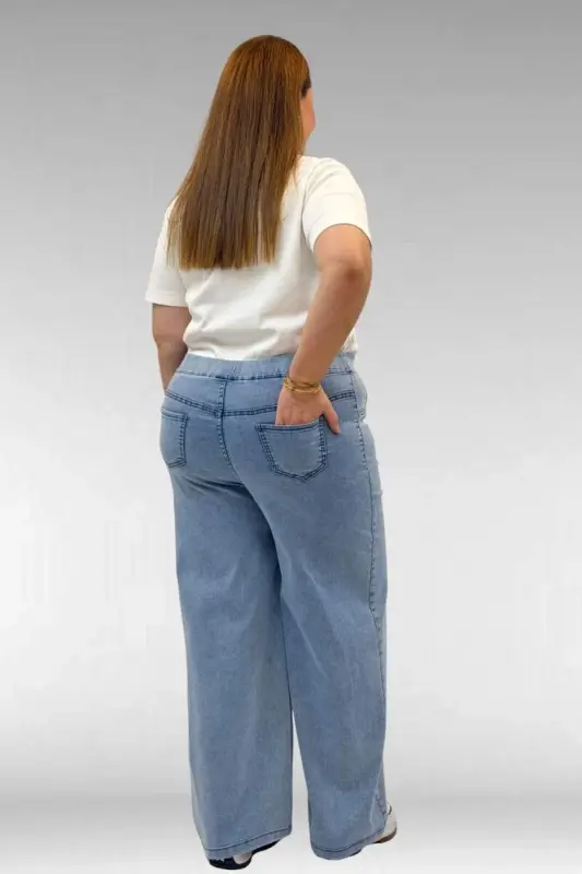 9182-10 Büyük Beden Bolpaça Beli Lastikli Kot Pantolon - Kar Yıkama Buz Mavi - 3