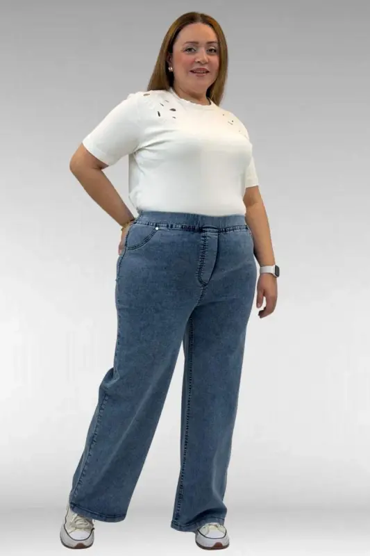 9182-10 Büyük Beden Bolpaça Beli Lastikli Kot Pantolon - Kar Yıkama Lacivert - BÜYÜKBEDENIZ