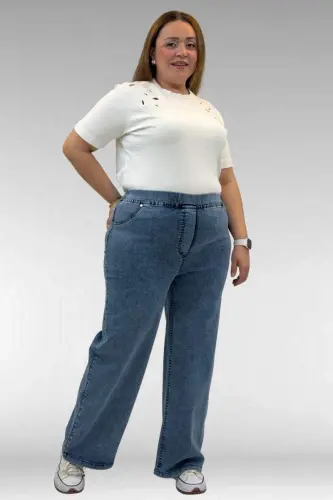 9182-10 Büyük Beden Bolpaça Beli Lastikli Kot Pantolon - Kar Yıkama Lacivert - 1