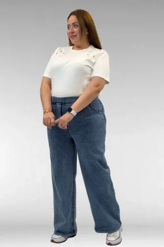 9182-10 Büyük Beden Bolpaça Beli Lastikli Kot Pantolon - Kar Yıkama Lacivert - BÜYÜKBEDENIZ (1)