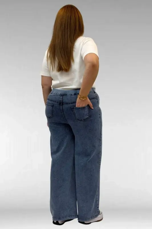 9182-10 Büyük Beden Bolpaça Beli Lastikli Kot Pantolon - Kar Yıkama Lacivert - 3