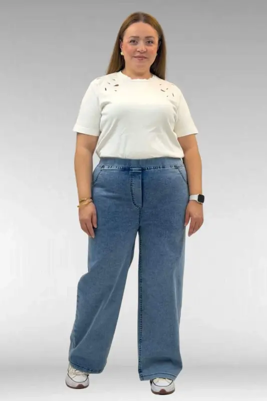 9182-10 Büyük Beden Bolpaça Beli Lastikli Kot Pantolon - Kar Yıkama Mavi - BÜYÜKBEDENIZ