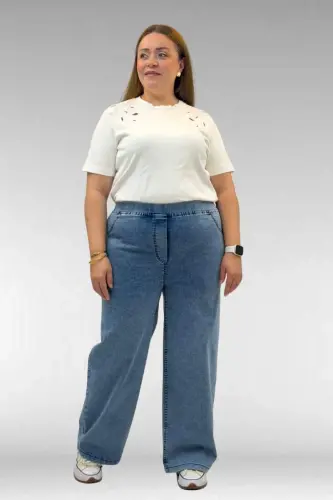 9182-10 Büyük Beden Bolpaça Beli Lastikli Kot Pantolon - Kar Yıkama Mavi - BÜYÜKBEDENIZ (1)