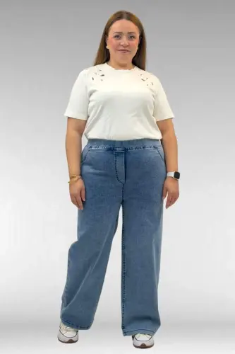 9182-10 Plus Size Wide Leg Elastic Waist Jeans - Snow Wash Blue - 1