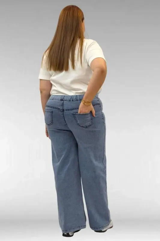 9182-10 Plus Size Wide Leg Elastic Waist Jeans - Snow Wash Blue - 3