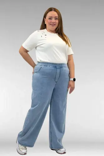 9182-10 Plus Size Wide Leg Elastic Waist Jeans - Snow Wash Ice Blue - 1