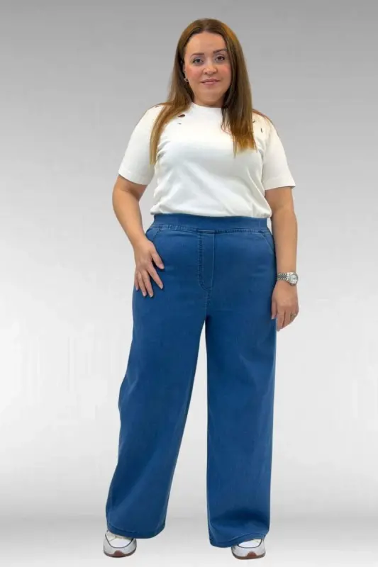 9182-9 Büyük Beden Beli Lastikli Bolpaça Kot Pantolon - Açık Mavi - BÜYÜKBEDENIZ