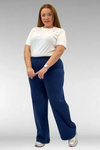 9182-9 Plus Size Elastic Waist Wide Leg Jeans - Blue - 1