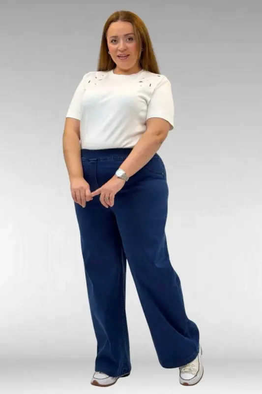 9182-9 Plus Size Elastic Waist Wide Leg Jeans - Blue - 1