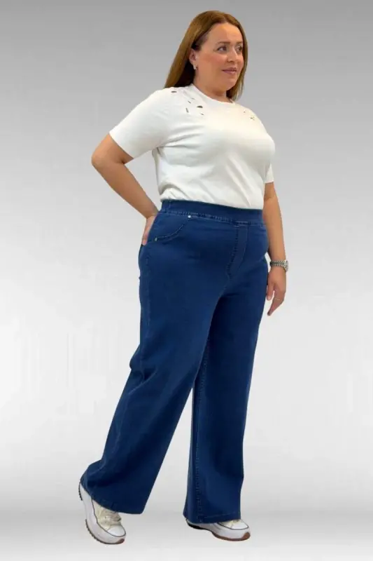 9182-9 Plus Size Elastic Waist Wide Leg Jeans - Blue - 2