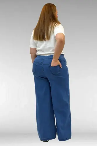 9182-9 Plus Size Elastic Waist Wide Leg Jeans - Light Blue - 3