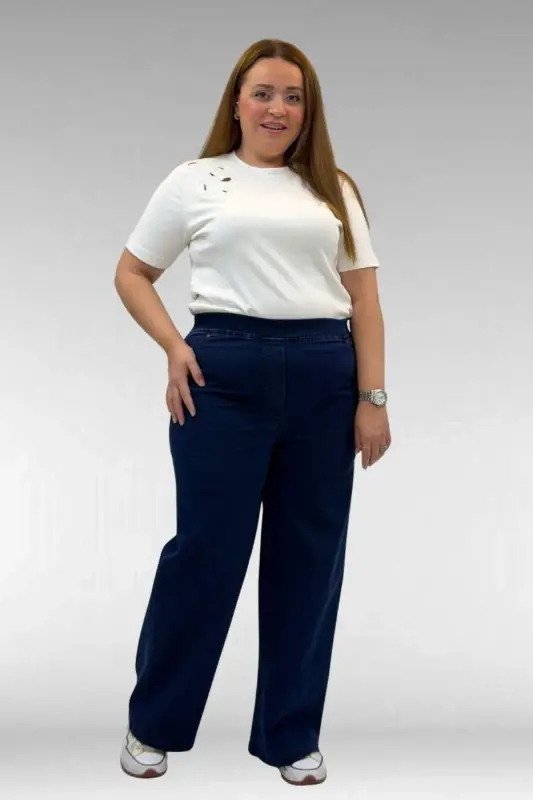 9182-9 Plus Size Elastic Waist Wide Leg Jeans - Navy Blue - BÜYÜKBEDENIZ