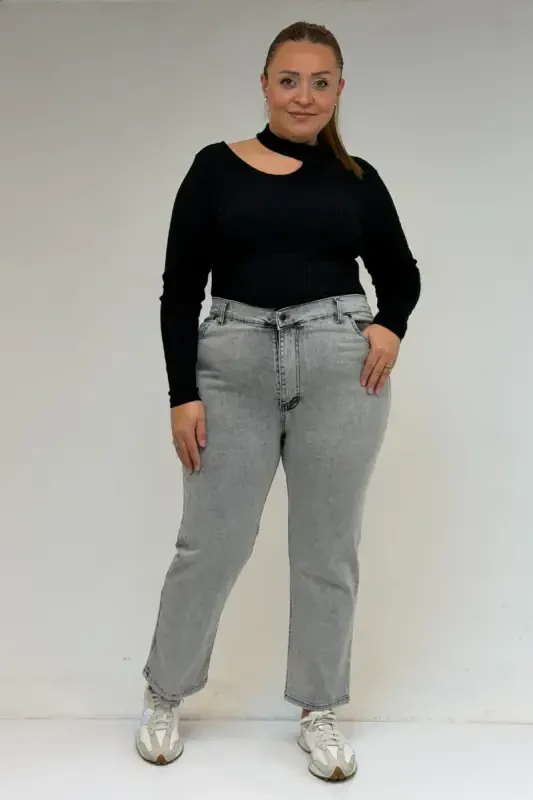 9185-4 Plus Size Stone Washed Bootcut Jeans - Snow Wash Grey - BÜYÜKBEDENIZ