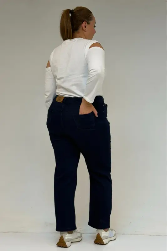 9185-4 Plus Size Stonewashed Bootcut Jeans - Navy Blue - 3