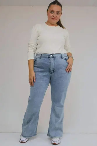 9203-1 Plus Size Belted Stone Detailed Hem Jeans - Blue - 1