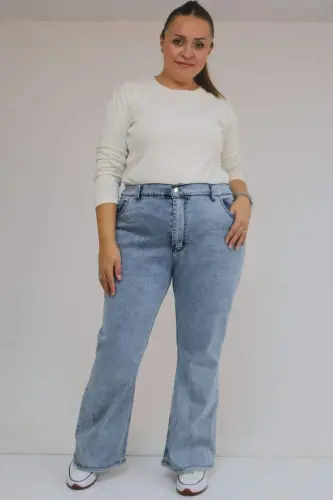 9203-1 Plus Size Belted Stone Detailed Hem Jeans - Blue - 3