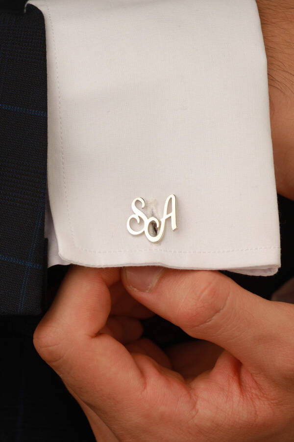 925 Ayar Gümüş 14 Ayar Altın Kaplama Kişiye Özel Baş Harfli Kol Düğmesi - 1