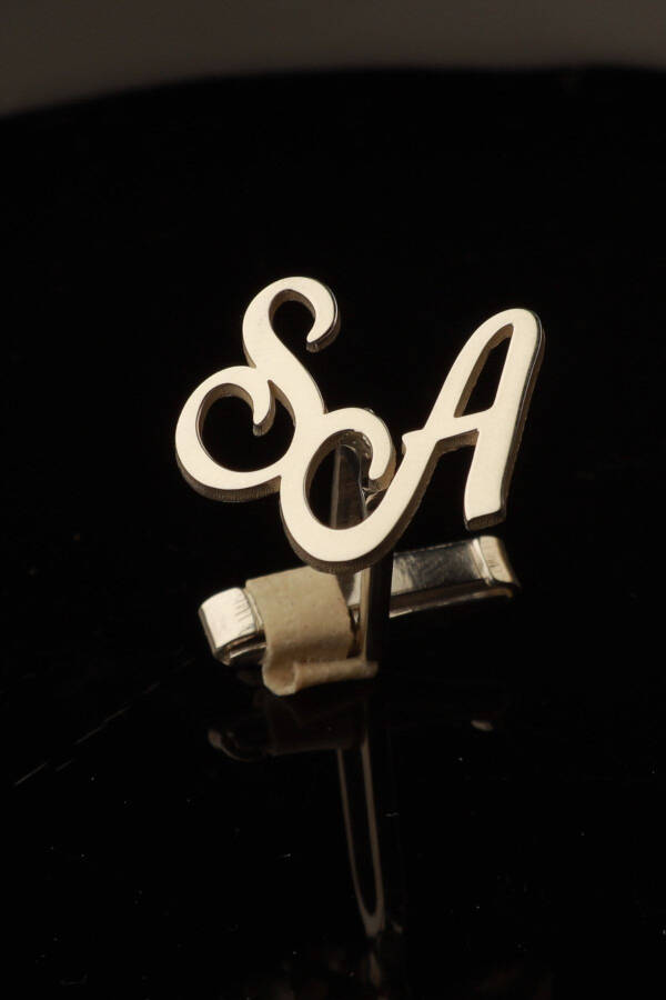 925 Ayar Gümüş 14 Ayar Altın Kaplama Kişiye Özel Baş Harfli Kol Düğmesi - 2