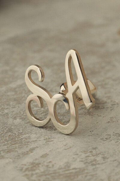 925 Ayar Gümüş 14 Ayar Altın Kaplama Kişiye Özel Baş Harfli Kol Düğmesi - 3